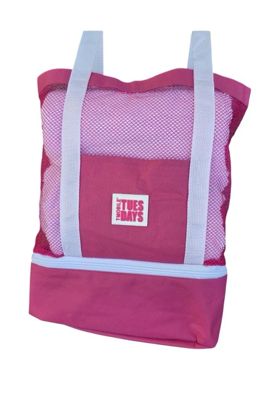 T-Mobile Tuesdays Pink White Mesh Beach Tote Insulated Lunchbox Bag Collapsible